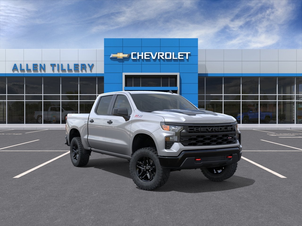 2026 Chevrolet Silverado 1500 Custom Trail Boss in Sterling Gray Metallic — front three-quarter view